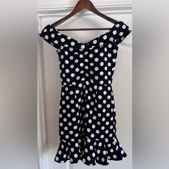 Revolve Navy Polka Dot Off the Shoulder Dress - Picture 2 of 5